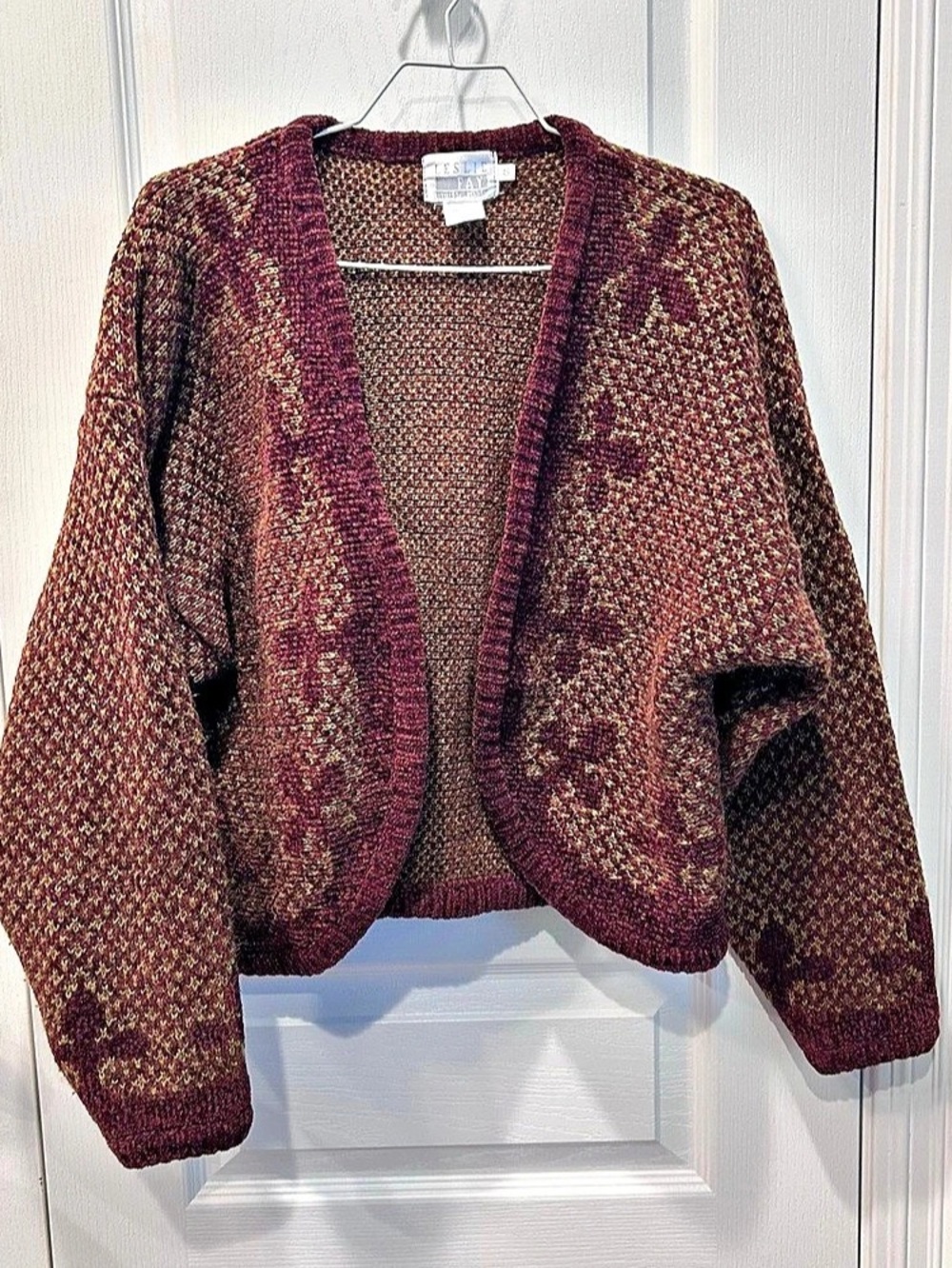 Vintage Leslie Fay Women’s Burgundy Green Geometric Open Front Cardigan Small